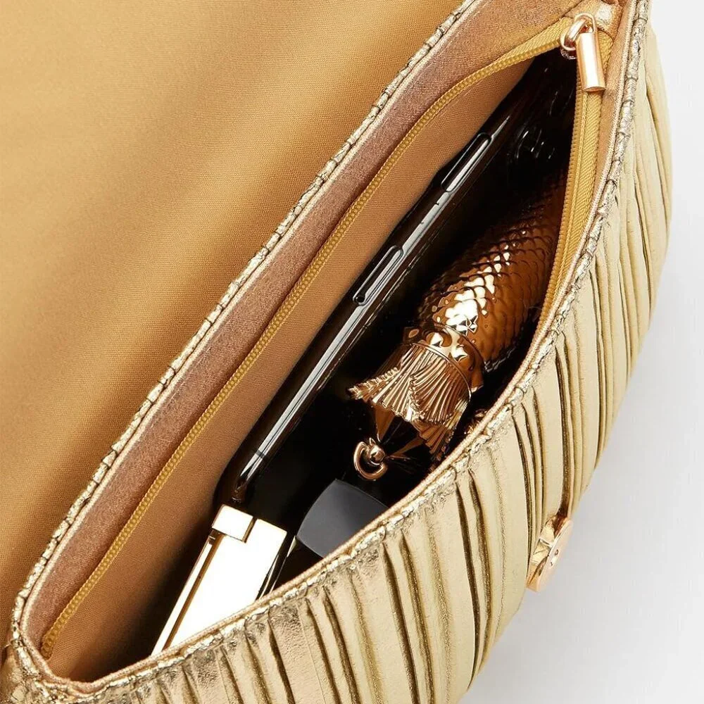 Clutch Purse Women Evening Bag Gold Pleated Flap Formal Party Handbag